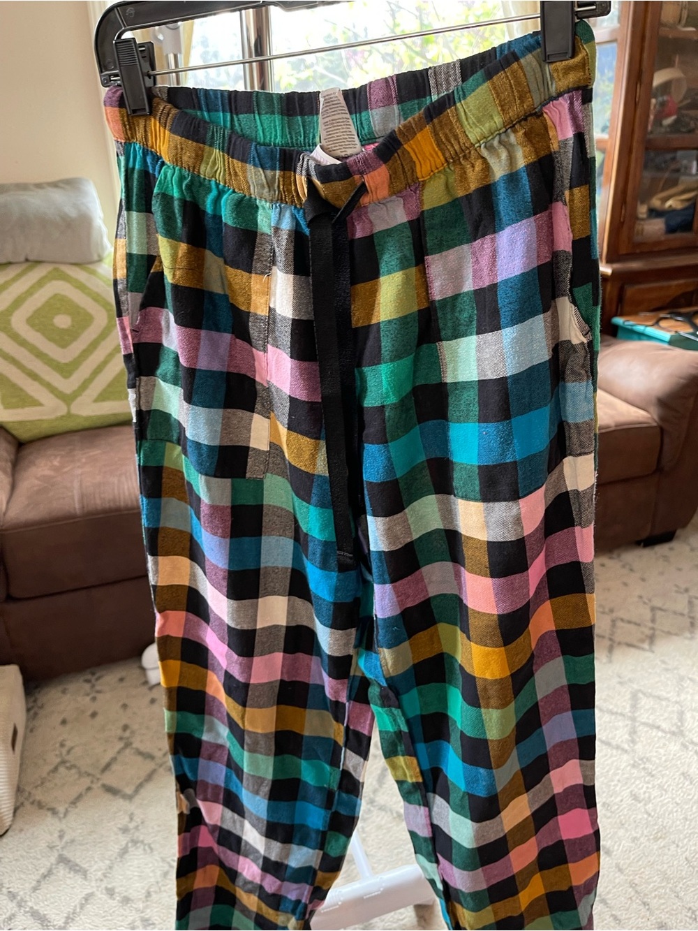 Justice Plaid Drawstring Lounge Pants in Pink, Green, Black and Mustard